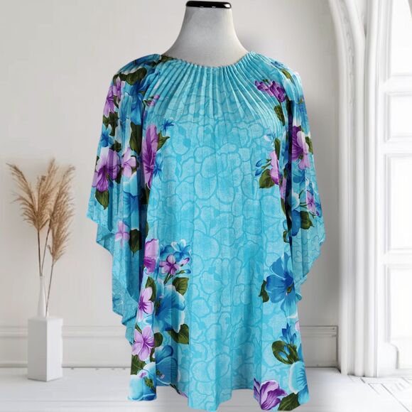 Vintage 70s Halftan Caftan Pleated Top Size M Blue Tropical Floral Print - Picture 1 of 14